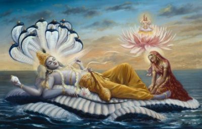 Lord Vishnu being served by Mahalakshmi