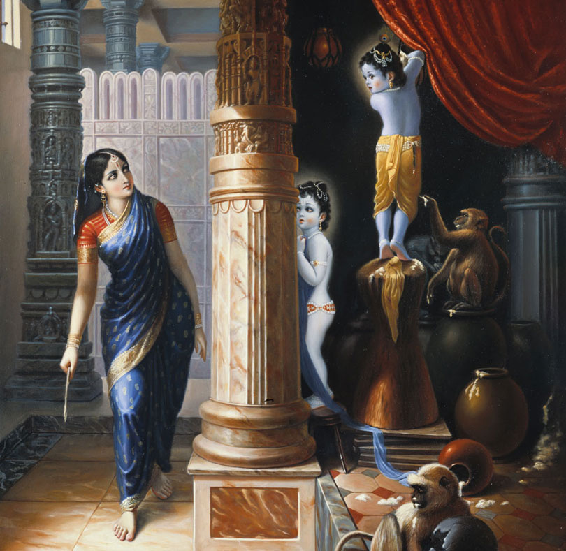 lord krishna and balaram being caught by mother yashoda for stealing butter