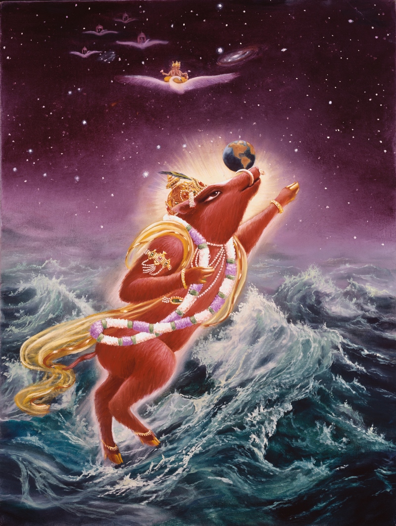 Lord Brahma was thinking of how to lift the earth which was submerged in water
